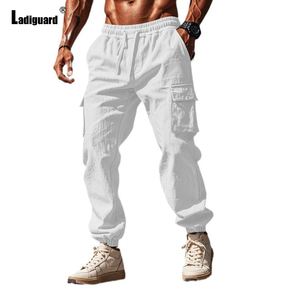 

Plus Size Mens Cotton Linen Pants 2024 European Style Fashion Ankle-Length Trousers White Casual Basic Pants Male Sweatpants New