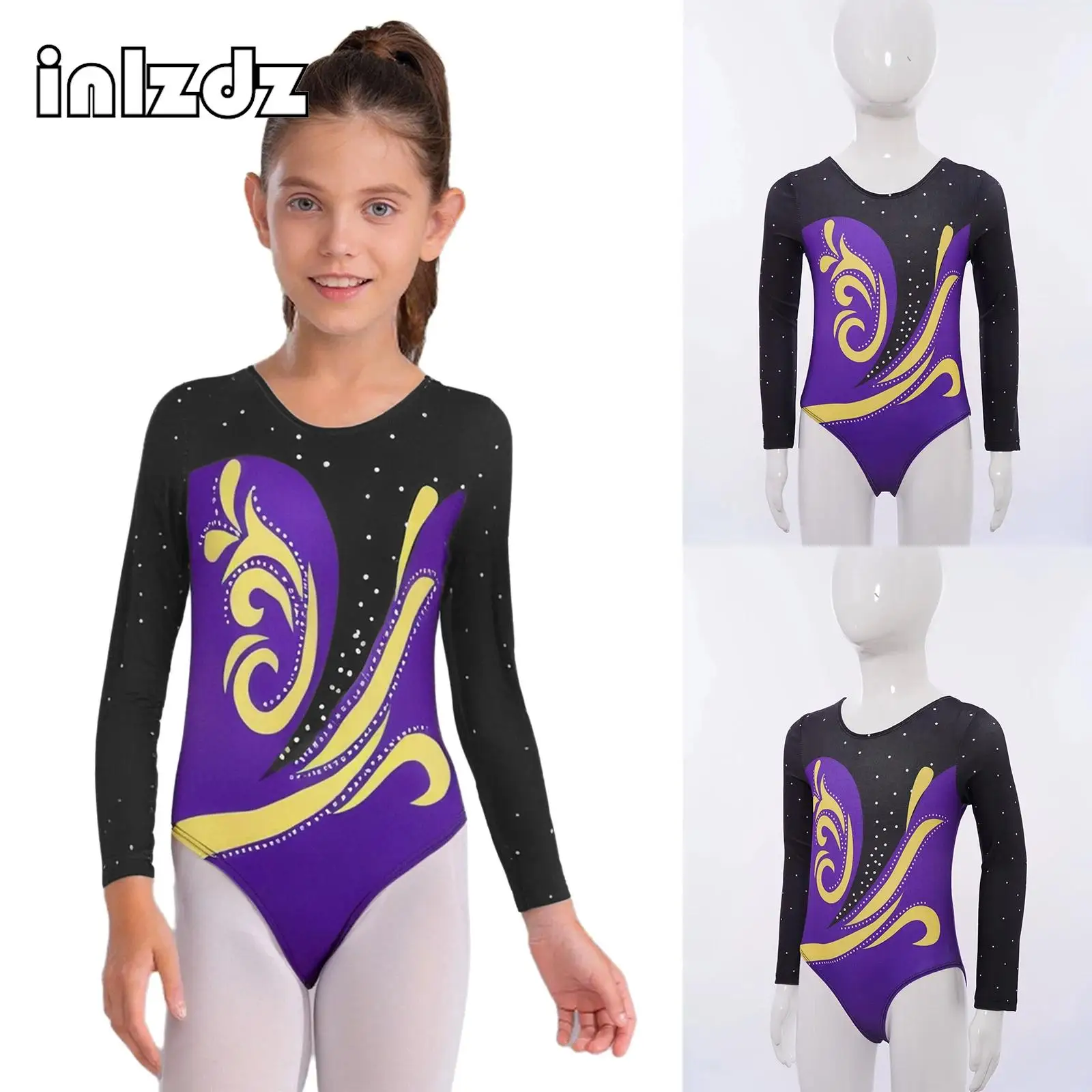 

Kids Girls Acrobatics Costumes Rhythmic Gymnastics Leotards Round Neck Long Sleeve U Back Color Block Ballet Bodysuits Dancewear