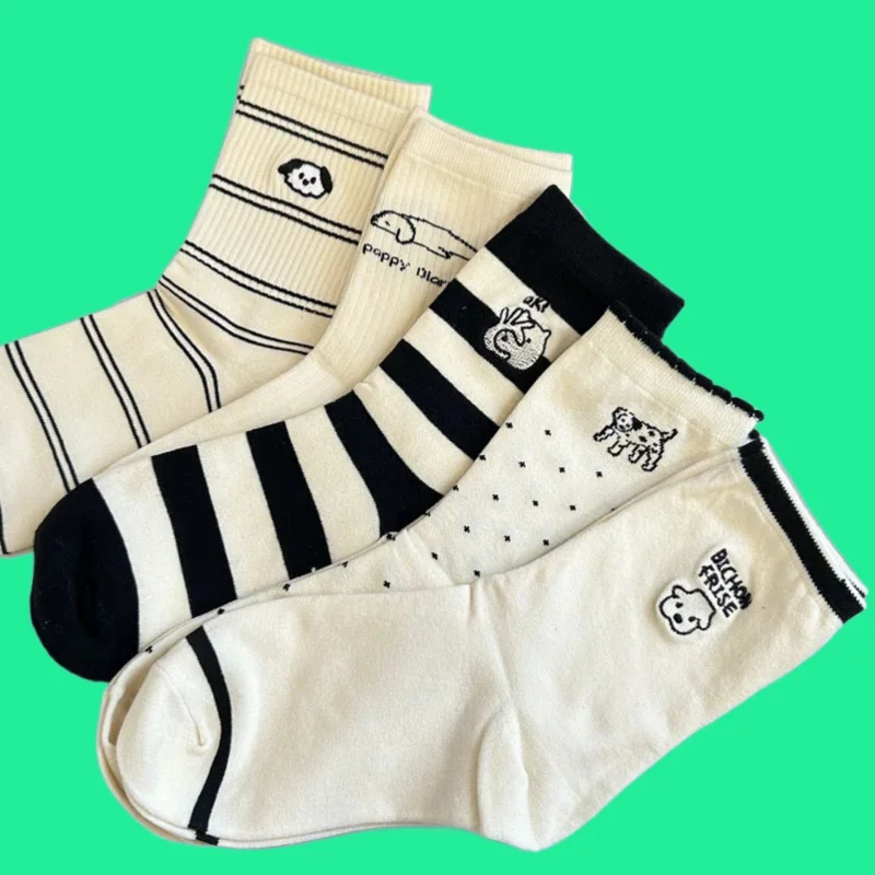 5/10 Pairs Striped Mid length Socks for Women's Cute Sweet Academy Style High Quality 2024 Women's Pure Cotton Cartoon Dog Socks