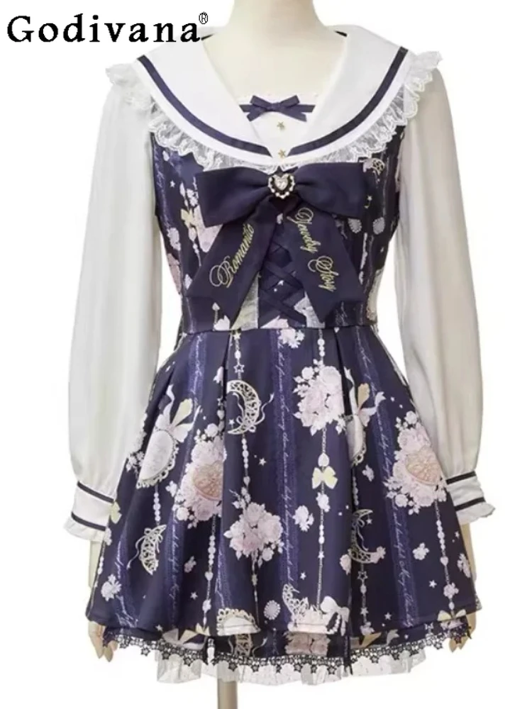 

Spring Autumn Elegant Japanese Bow Girl Dresses Shorts Sets Sweet Navy Neck High Waist A-line Age Reduction Long Sleeve Dress