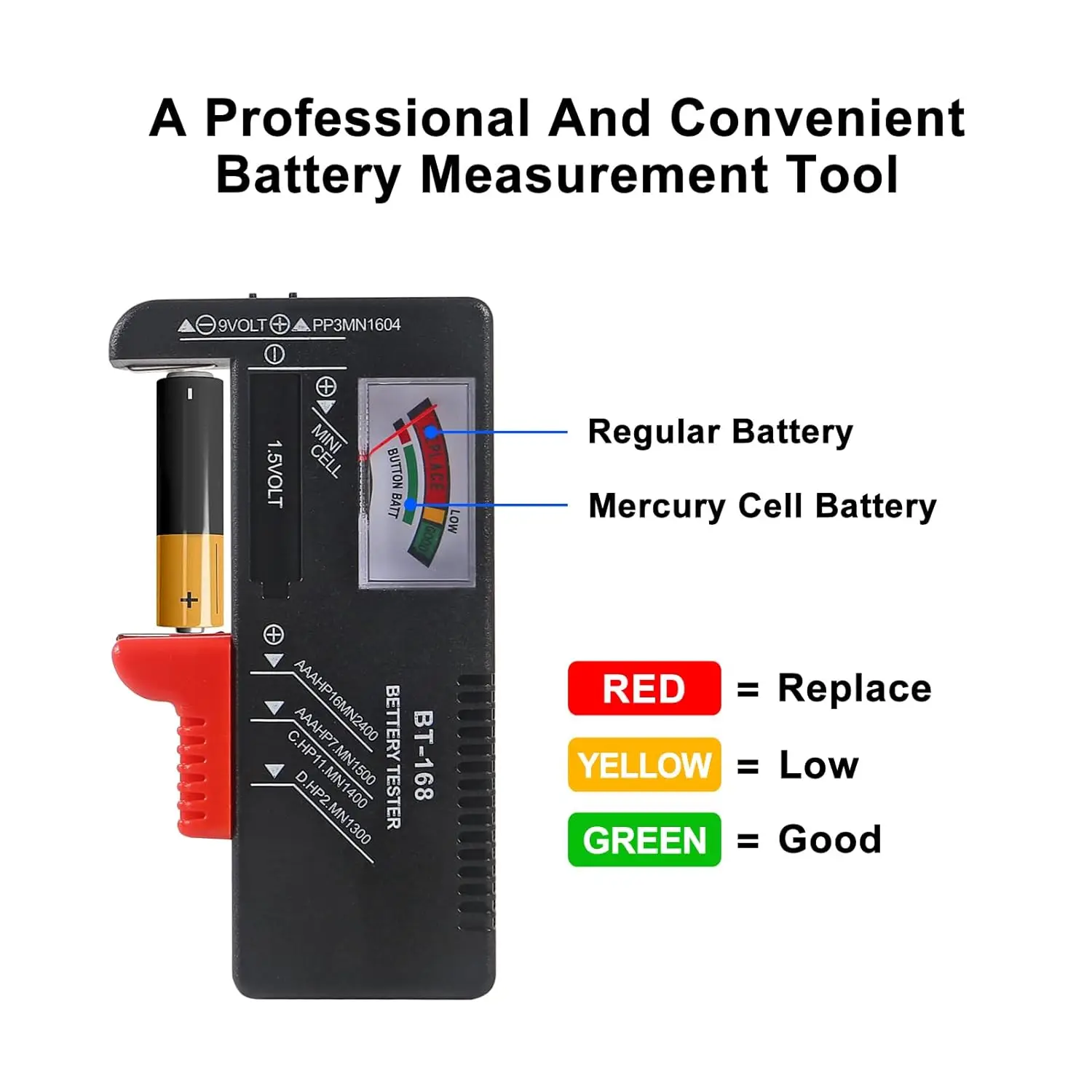  BT-168 Battery Tester, Universal Battery Checker Small Battery Tester for AAA AA C D 9V 1.5V Button Cell for Household Batterie