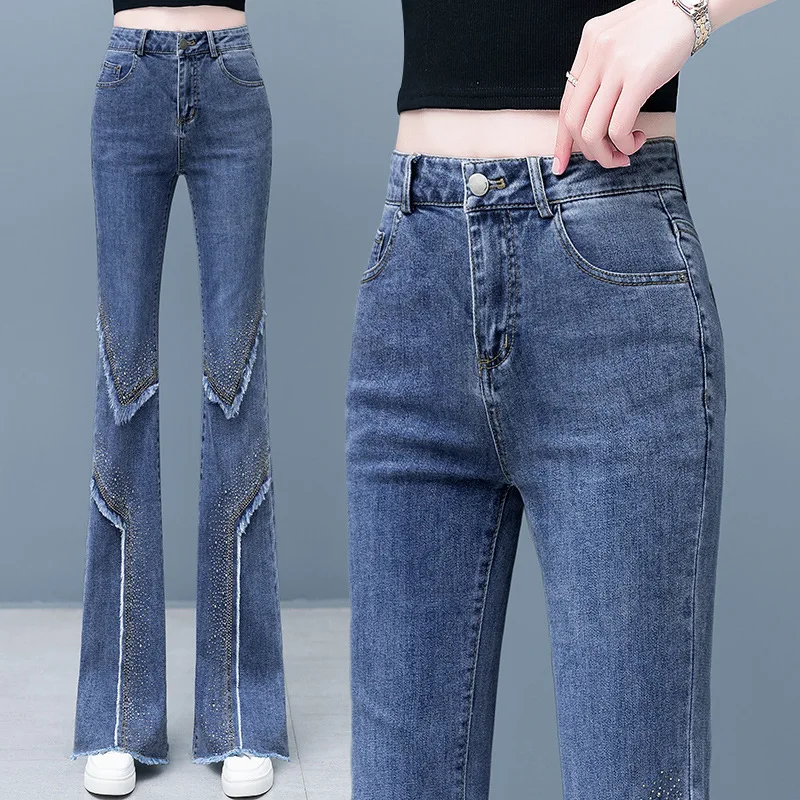 

Джинсы-клеш с высокой талией для женщин, летние, новинка, эластичные, с эффектом «железного алмаза», модель Fi Tail Bell Bot