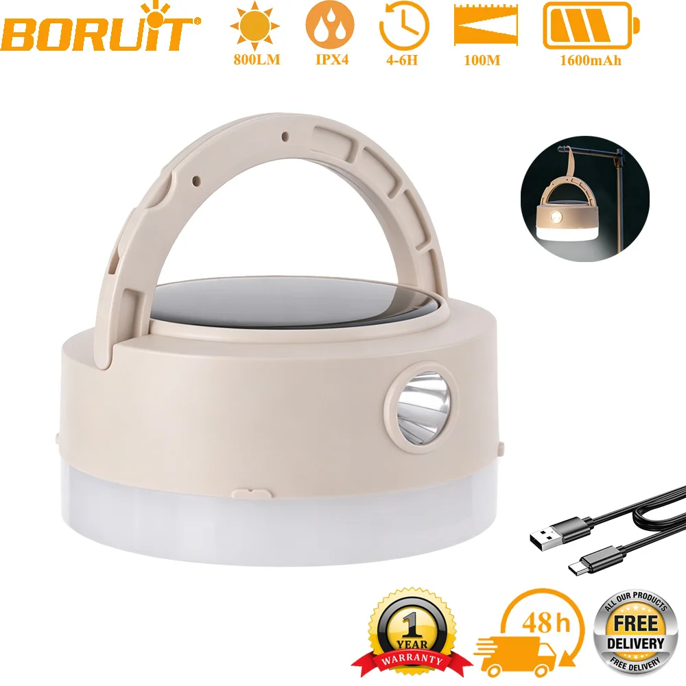 

BORUiT LED Solar Camping Light USB Rechargeable Ultra Bright Portable Waterproof Emergency Lamp for Outdoor Hiking Tent Camping