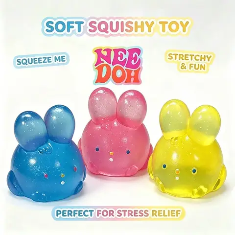 Needoh Jelly Hops Scented Bunny Squishy Toy TPR Clear Glitter Squeeze Fidget Adult Daily Office Stress Relief Tension Calming