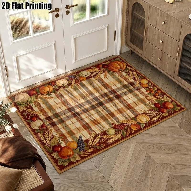 1Pc American Retro Autumn Harvest Fruit and Vegetable Plaid Rug, Thanksgiving Decorative Carpet for Living Room, Bedroom, Dining Room, Bedside, Indoor and Outdoor Patio, Home Decoration