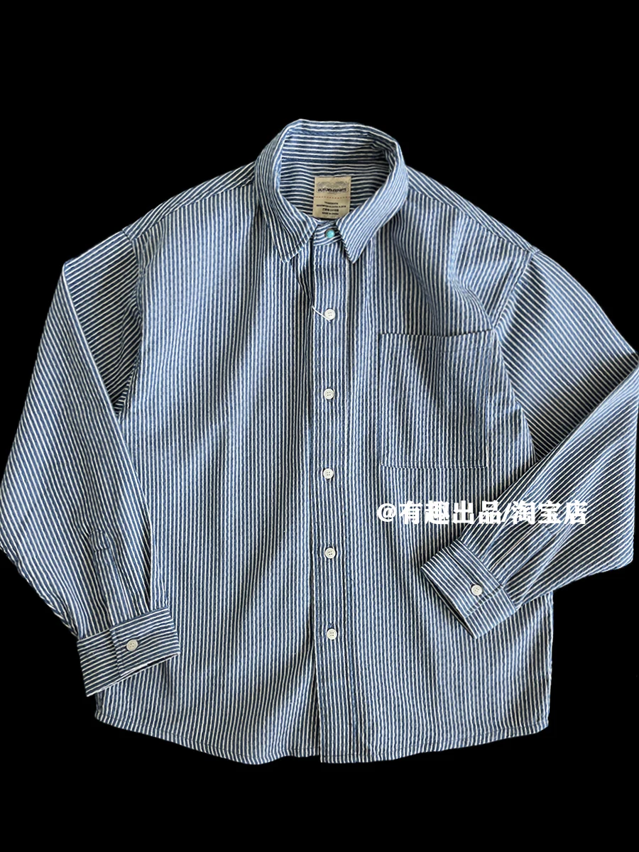 Awesome Blue-Striped Japanese Brand Heavyweight Washed Denim Shirt Retro Pointed Collar Workwear Chino Jacket for Men