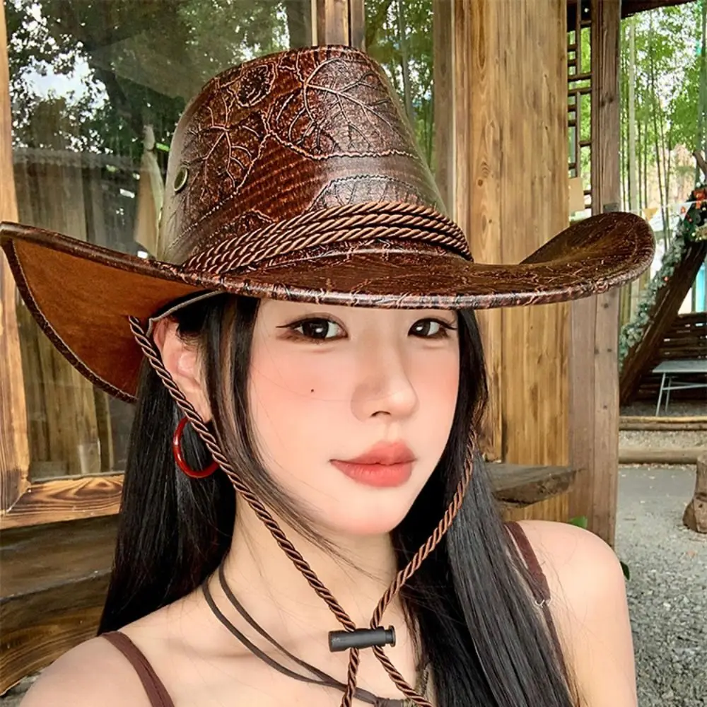 

Gentleman Ethnic Style Western Cowboy Hat Wide Brim Polyester Knight Hat Solid Color Roll Brim Cowgirl Jazz Hat Cosplay