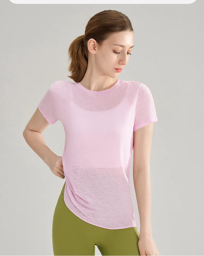 Bambusgarn-Sport-T-Shirt mit schönem Rückendesign, Yoga-Kleidung, Oberteil, schnell trocknendes Fitness-Shirt mit kurzen Ärmeln – Detail 7