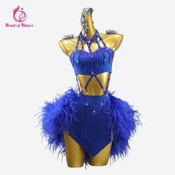 Blue Latin Dance Wear Women's Skirt Girls Fringe Dress Elegant Line Slothes Practice Dancewear Female Feather Costume Kids Samba