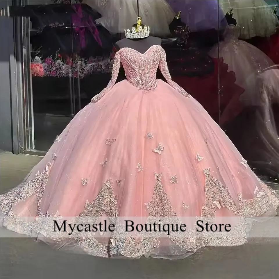 

Elegant Pink Quinceanera Dresses 2025 Long Sleeves Beading Ball Gown Sweet 16 Dress Flower Birthday Party Dress Customized