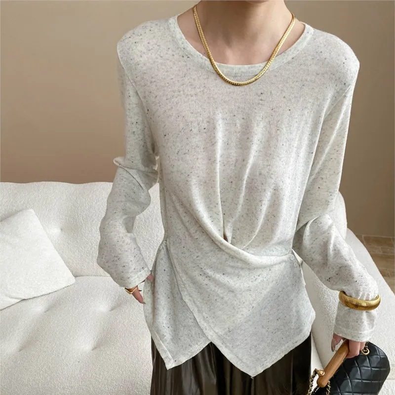 

2025 Spring And Autumn New Irregular Cross Design Women's T-shirt Spotted Mottled Round Neck Long Sleeve Knitted Top