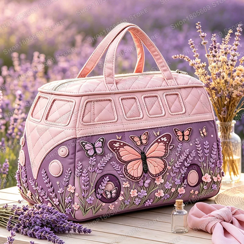 Quilted Bus Duffle Bags 3D Embroidery Butterfly Lavender Flower Travel Weekender Overnight Bag Large Capacity Handbag