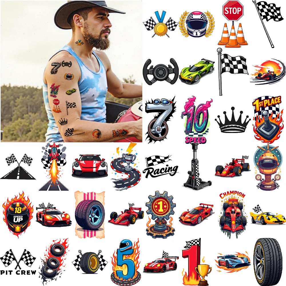 

63pcs Temporary Tattoo Car Stickers Cartoon Racing Stickers Waterproof Long-lasting Body Stickers For Men Arms