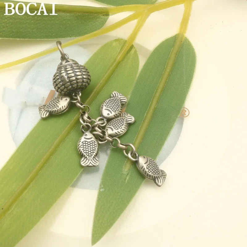 

BOCAI НОВЫЙ S925 Чистое Серебро Ретро Милая Корзина Рыбы Маленькая Рыбка Кисточкой Многие Подвески Рыбы