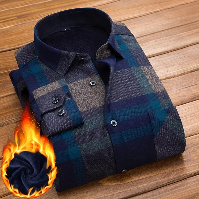

LIBIELIY Men's Long Sleeve Warmshirt Winter Fleece-lined Thickened Plaid Shirt Middle-aged Father Style Washing Fleece Winter S
