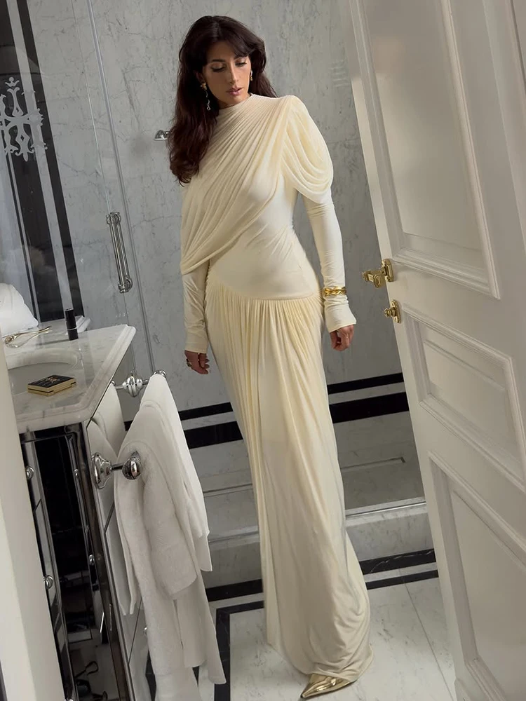 Robe châle plissée pour femmes, couleur unie, Chic, col mi-haut, manches longues, taille haute, Slim, nouvelle robe de soirée quotidienne, 2025