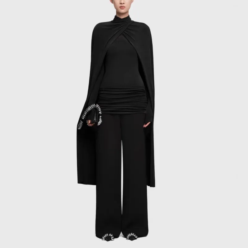 HKSH Autunno Inverno Nuove Donne T-shirt Scialle di Colore Solido High-End Vietnamese di Nicchia Design Increspato Top Casual Pantaloni a Gamba Larga HK12076