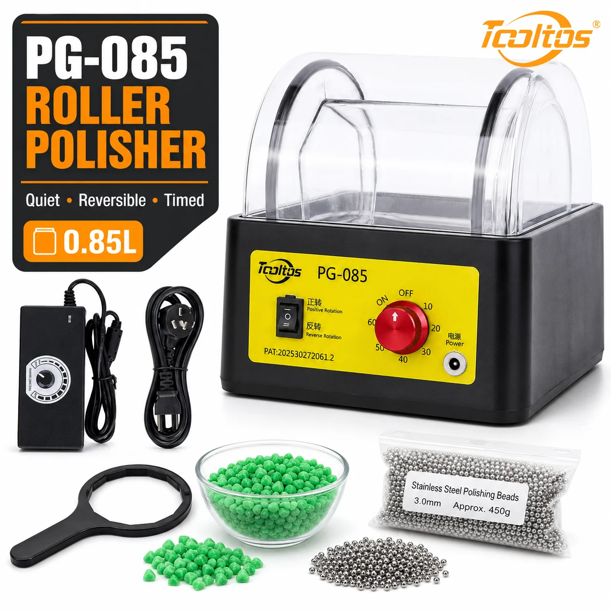 TOOLTOS PG-085 0.85L Jewelry Rotary Tumbler Polisher 100-268RPM with Timer Clear Barrel Green Ceramic Media Stainless Steel Shot