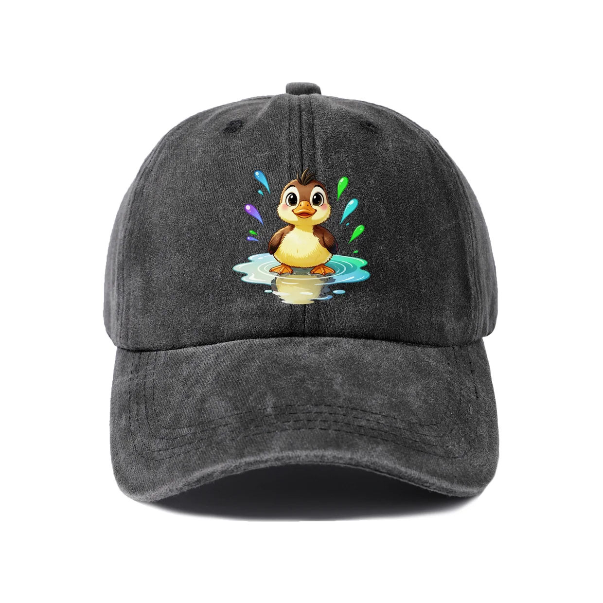 Vintage Washed Baseball Cap with Yellow Duck Character Graphic, Adjustable Unisex Dad Hat, Streetwear Gift
