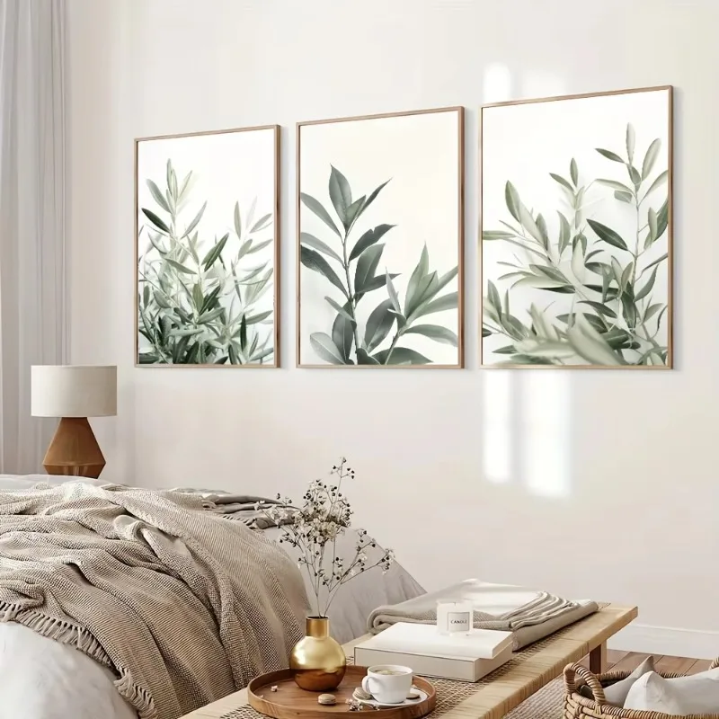 3-teiliges rahmenloses Boho-Wandbild mit grünen botanischen Blättern, Leinwanddruck, minimalistisches Olivenbaum-Gemälde für Wohnung, Wohnzimmer