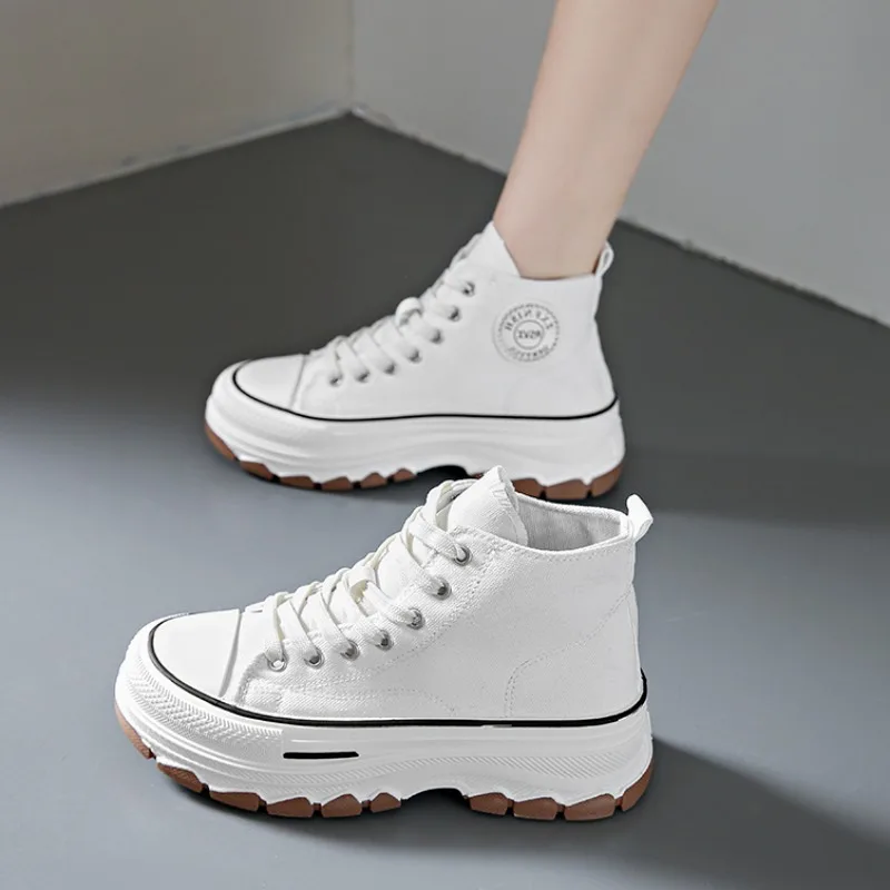 Women High Top Sneakers Lace-Up Casual Plarform Height Canvas Non-slip Wear Resistant 2024 Spring Female Vulcanize Shoes