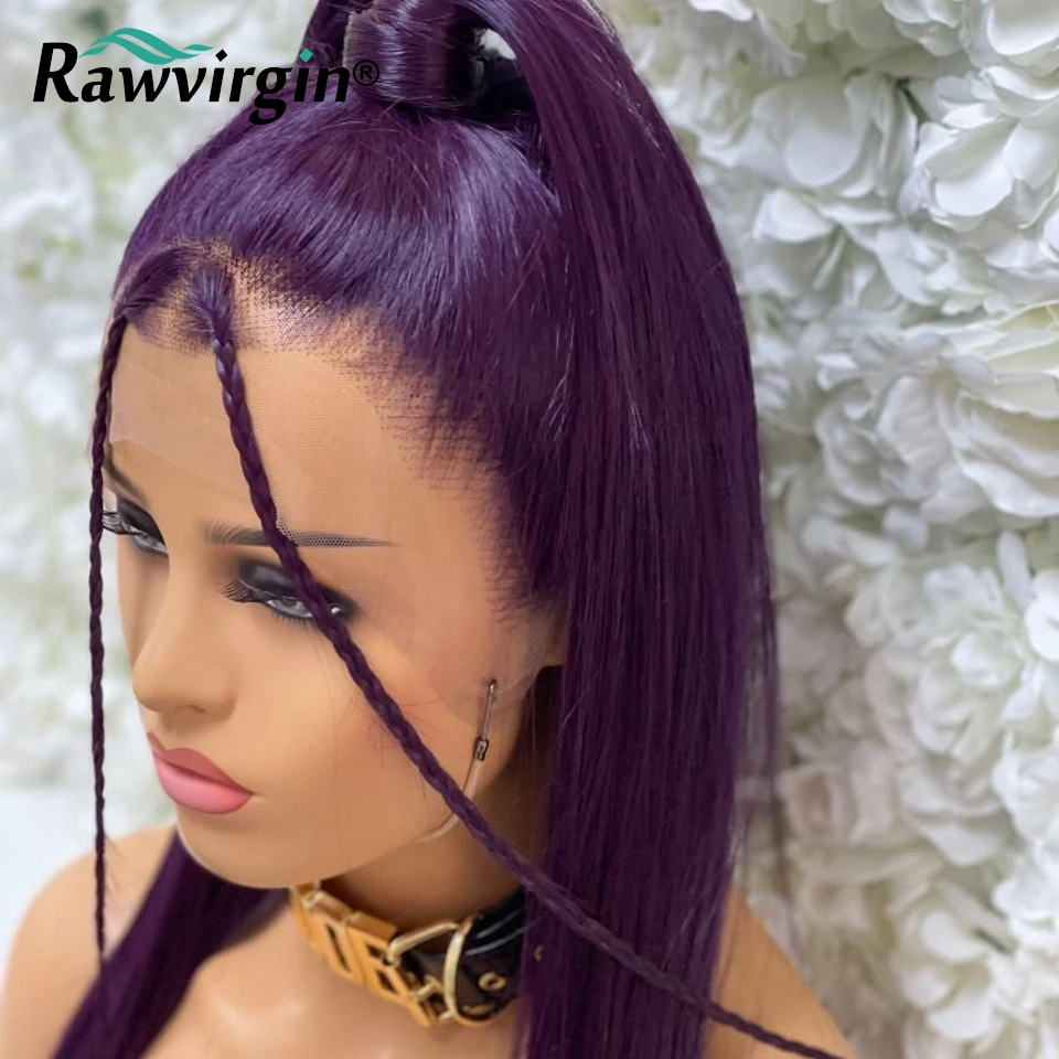 34Inch 13X6 Lace Front Wig Human Hair Dark Violet Purple Colored 13x4 Straight  Transparent Lace Frontal Wigs 180% RawVirgin