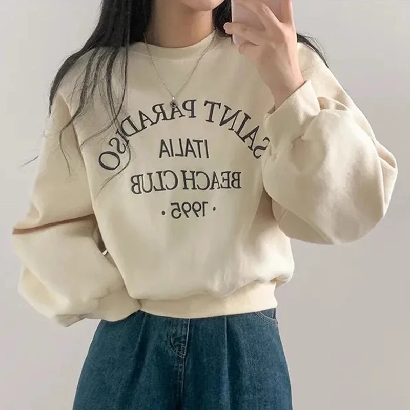 Neploe Chic Sweet Temperament Sweatshirt Autumn Round Neck Letter Embroidery Print Plush Thickened Loose Long Sleeve Hoodies