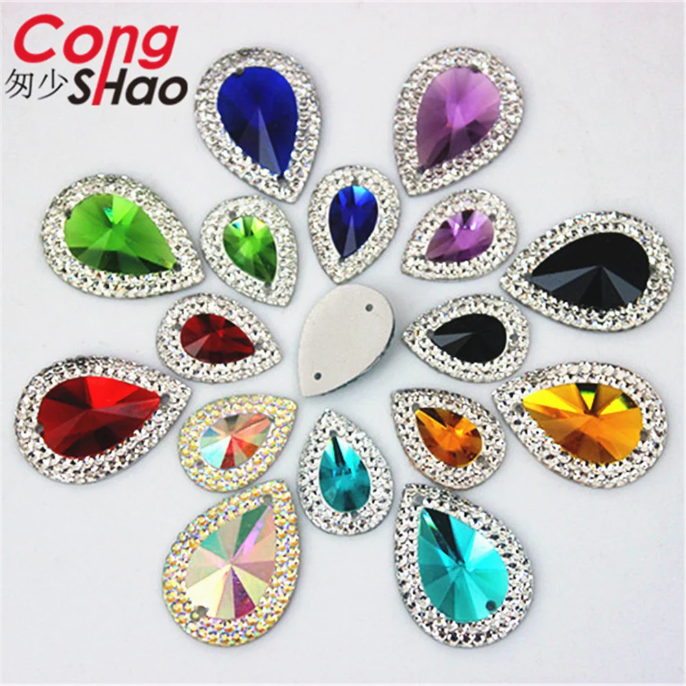 Cong Shao 100pcs 13*18/18*25mm Drop Flatback Sewing 2 Hole Costume Button Crystal Resin Rhinestone Trim DIY Accessories CS36