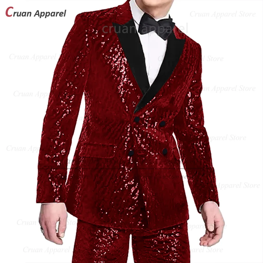 

Fashion Sequin Suit Sets For Men Evening Dinner Tailor-made Shiny Costumes Wedding Party Grooms Velvet Lapel Blazer Pants 2 Pcs