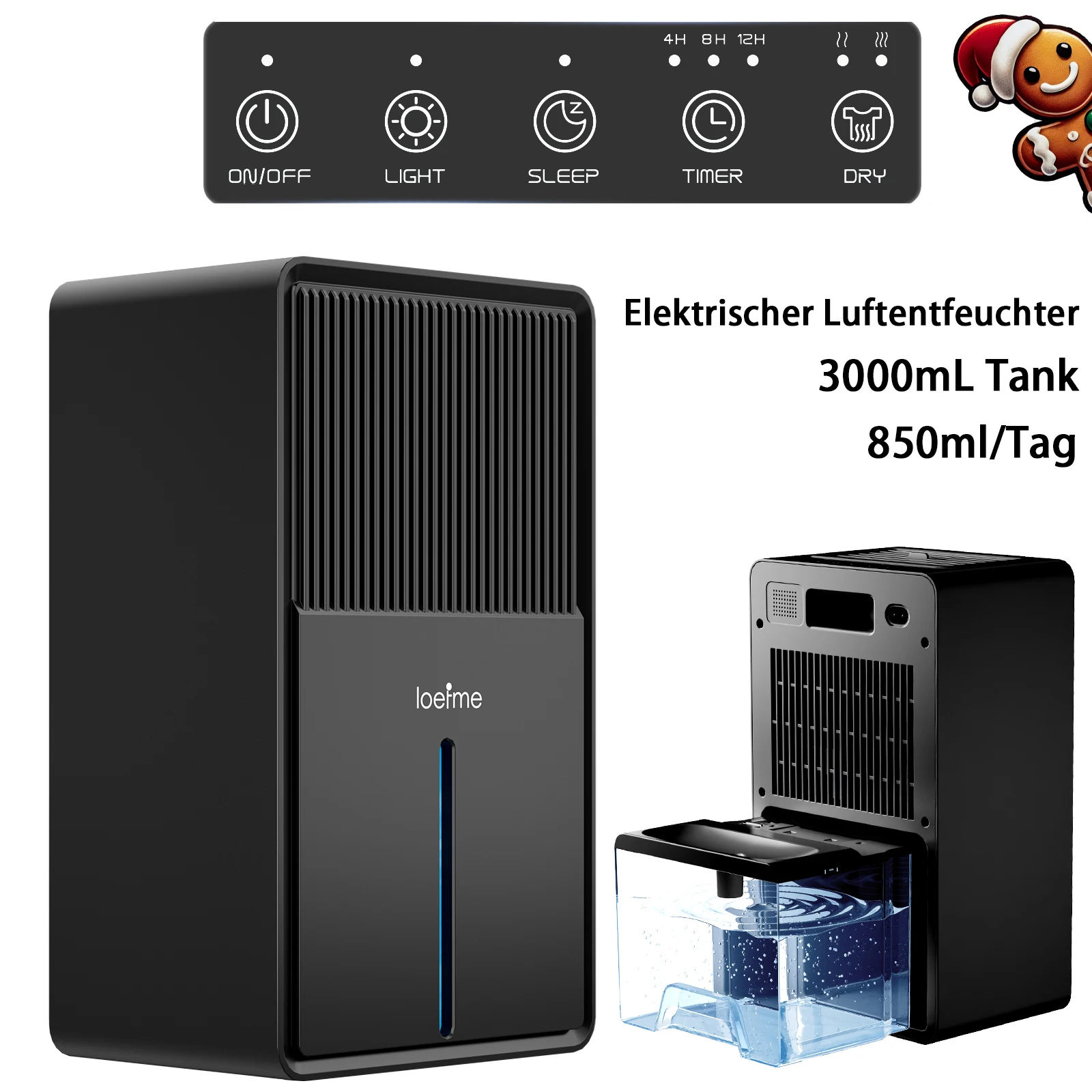 Loefme Luftentfeuchter 3000 ml, effizienter Modus, Trockenmodus, Schlafmodus, intelligente automatische Abtaufunktion, automatische Abschaltung, 24-Stunden-Timer
