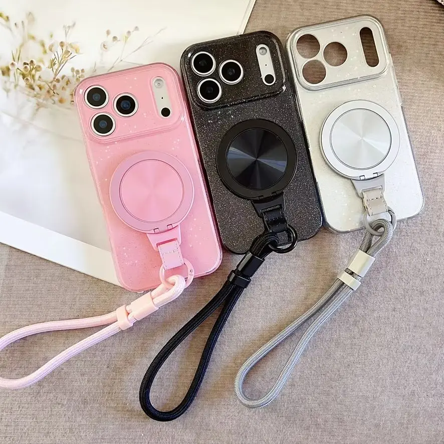 Sparkling Starry Glitter Jelly TPU Phone Case for 17 Pro Max 360 Rotating Stand Wrist Strap Protective Cover for iPhone 16 15 14