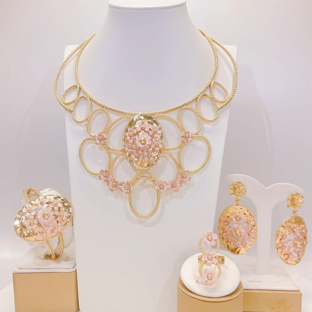 Yulaili Gold Plated Brazilian Jewelry Set for Women Light Weight Pink Necklace Earring Bangle Ring Party Accessories X0004630