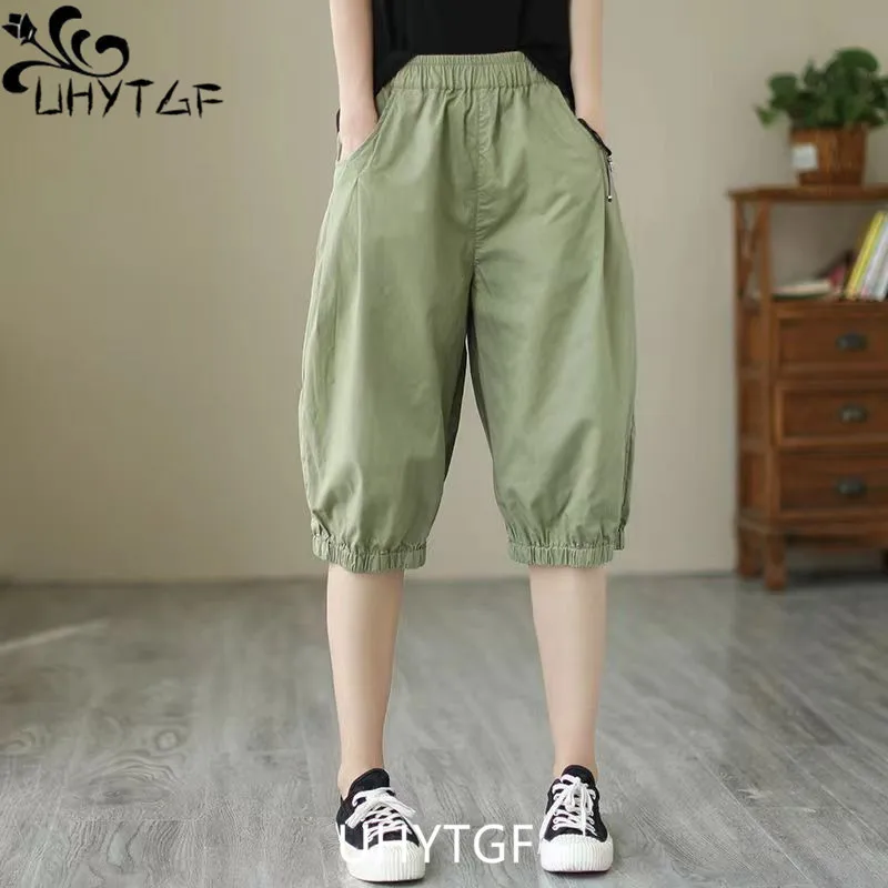 

UHYTGF Casual Loose Pants Womens Elastic High Waist Wide-Leg Harlan Pants Female Black Cotton Thin Summer Shorts Ladies 3XL 2697