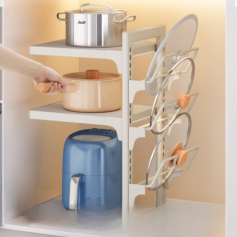 Kitchen racks, multi-layer cookware storage racks, countertops, dish preparation, pot cover, lower sink cabinets, layered pot.