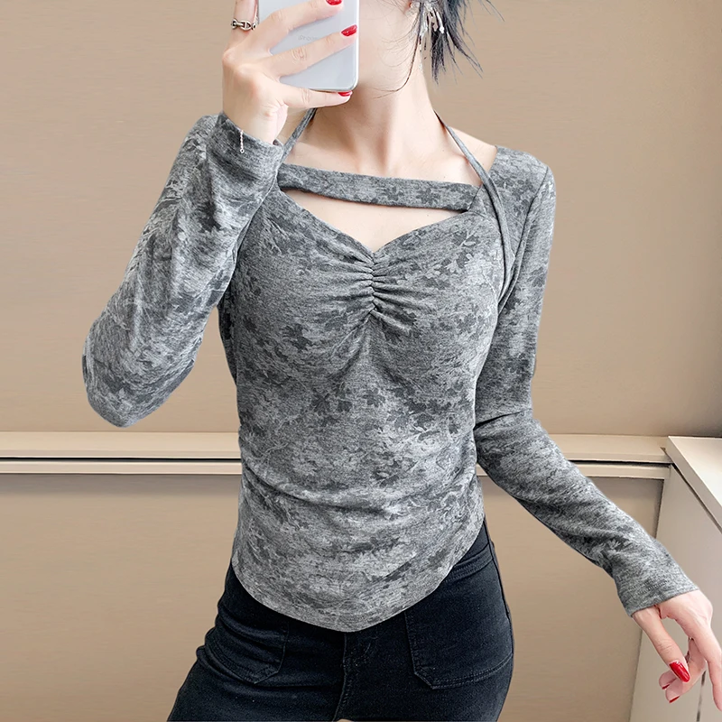 Fall,Winter,New,European,Clothes,T-Shirt,Chic,Sexy,Watercolor print,Hollow out,Women,Tops,Long Sleeve,Bottoming Shirt,Tees,58047