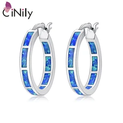 CiNily Created Blue White Fire Opal Authentic 925 Sterling Silver Wholesale NEW for Women Jewelry Hoop Earrings 25mm SE010-11