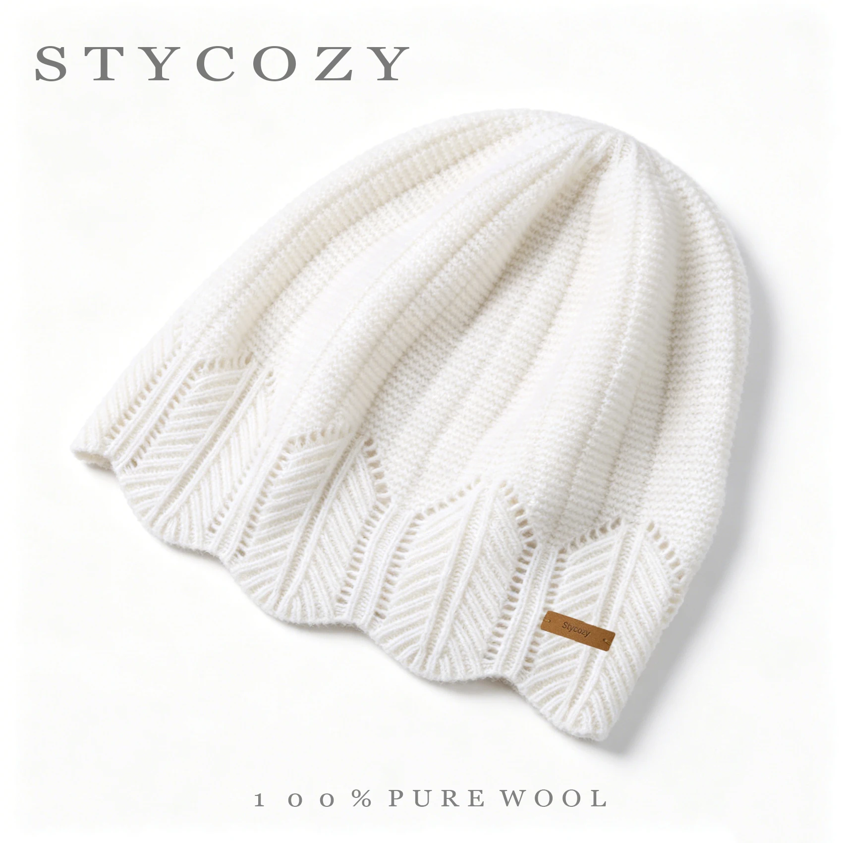 100% Wool Solid Color Hollow Arrow Beanie Hat For Women Autumn&Winter Outdoor Casual Windproof Ear-Protecting Hat