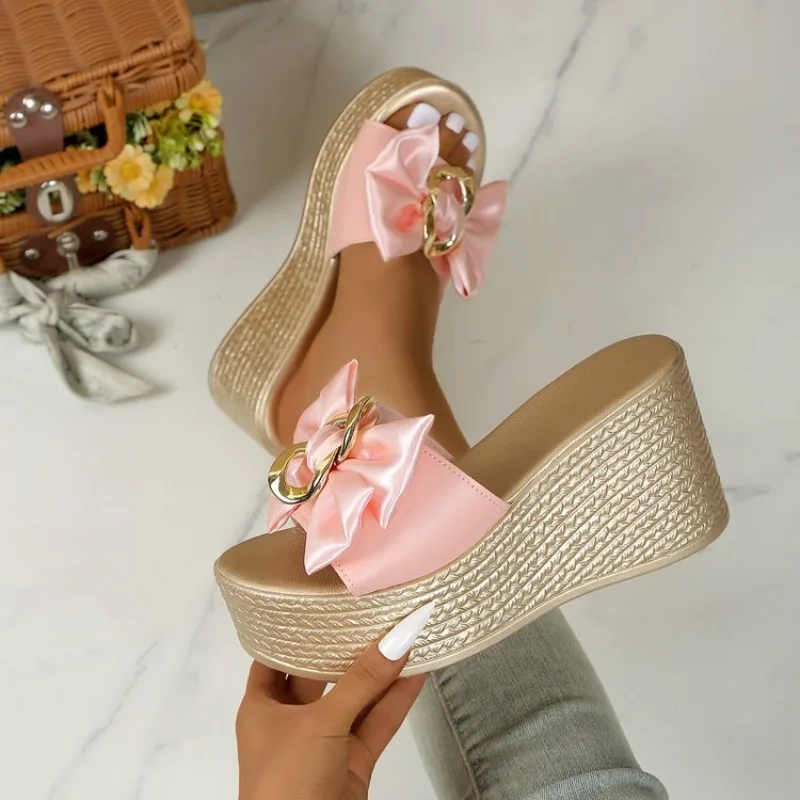 Large Size Thick Heel Butterfly Knot Slippers Women's Fashion Metal Buckle Comfortable Slope Heel Sandals Platform Beach Shoes
