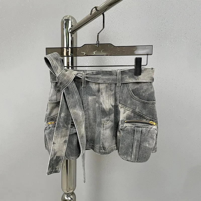 Camouflage Vrouwen Korte Denim Rok Multi Pocket Cargo Met Riem Zomer Losse Kruiden Meisje Straat Casual Lage Taille Rook Grijze Jurk