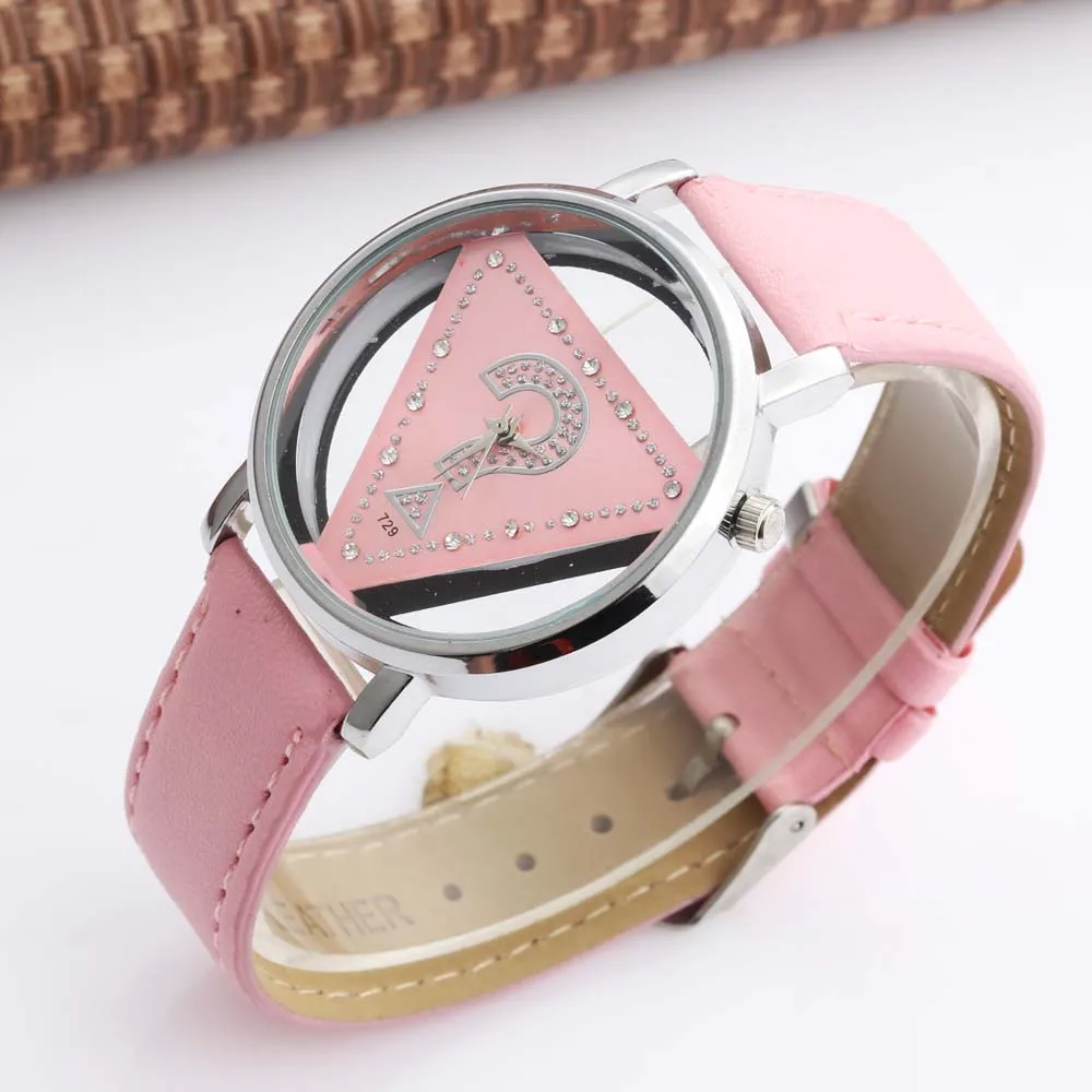 Fashion Question Mark Hollow Transparent Watch Women Triangle Watches Leather Strap Quartz Wristwatches WOMAGE Bayan Kol Saati