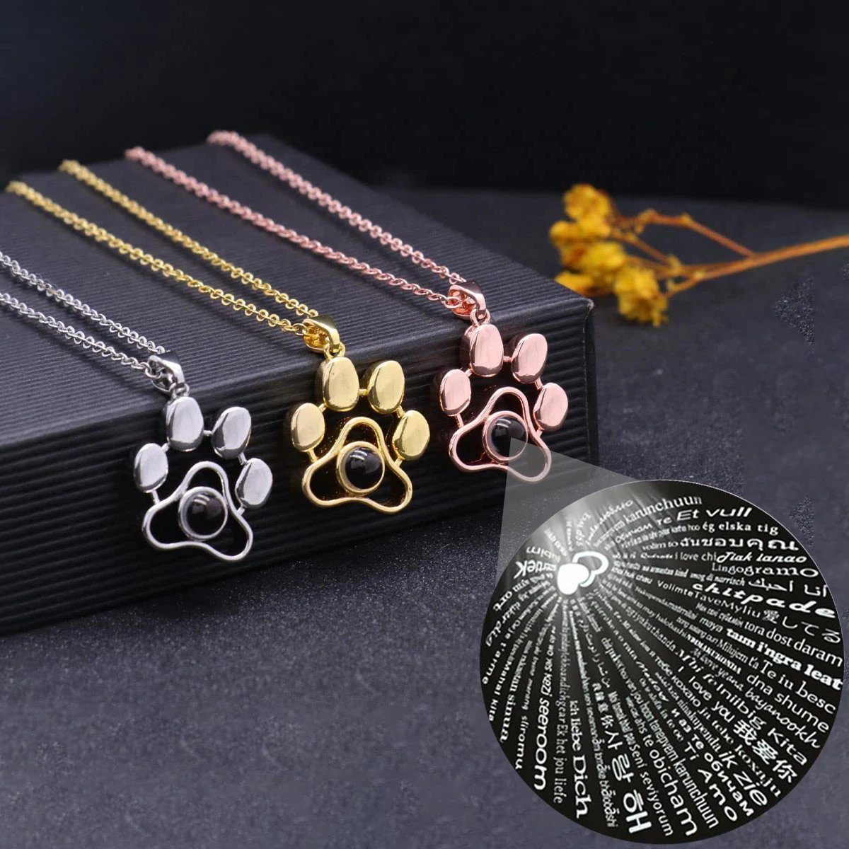 Dog Paw Necklaces 100 Languages I Love You Projection Pendant Stainless Steel Chain Jewelry For Girlfriend 2025 Romantic Gift
