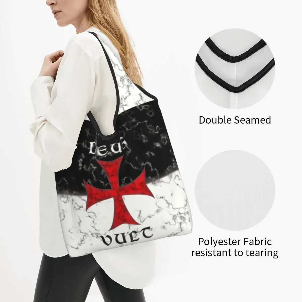 Deus vult CRUSADER Cross ในร้านขายของชำหินอ่อนกระเป๋าโท้ทซื้อของอัศวินแฟชั่นสำหรับผู้หญิงนักช้อปกระเป๋าสะพายไหล่กระเป๋าถือความจุขนาดใหญ่