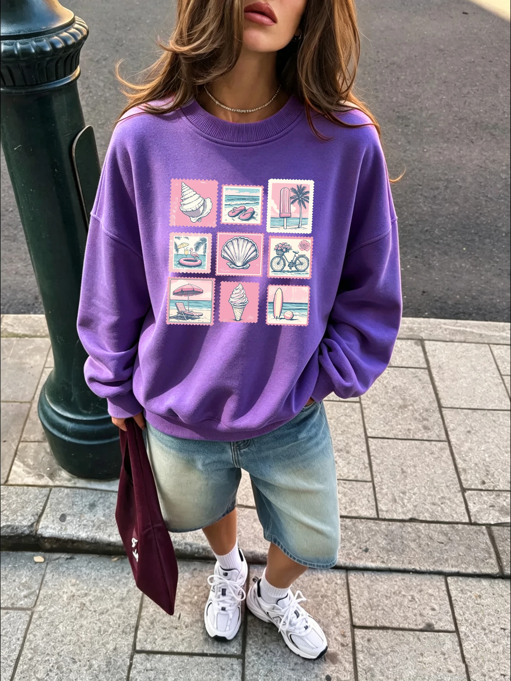 Vintage Shell Beach Stempelprint Damen Pullover Lockerer Fleece-Sweatshirt Herbst Y2K Kleidung Rundhals Jogging Sportbekleidung – Detail 11