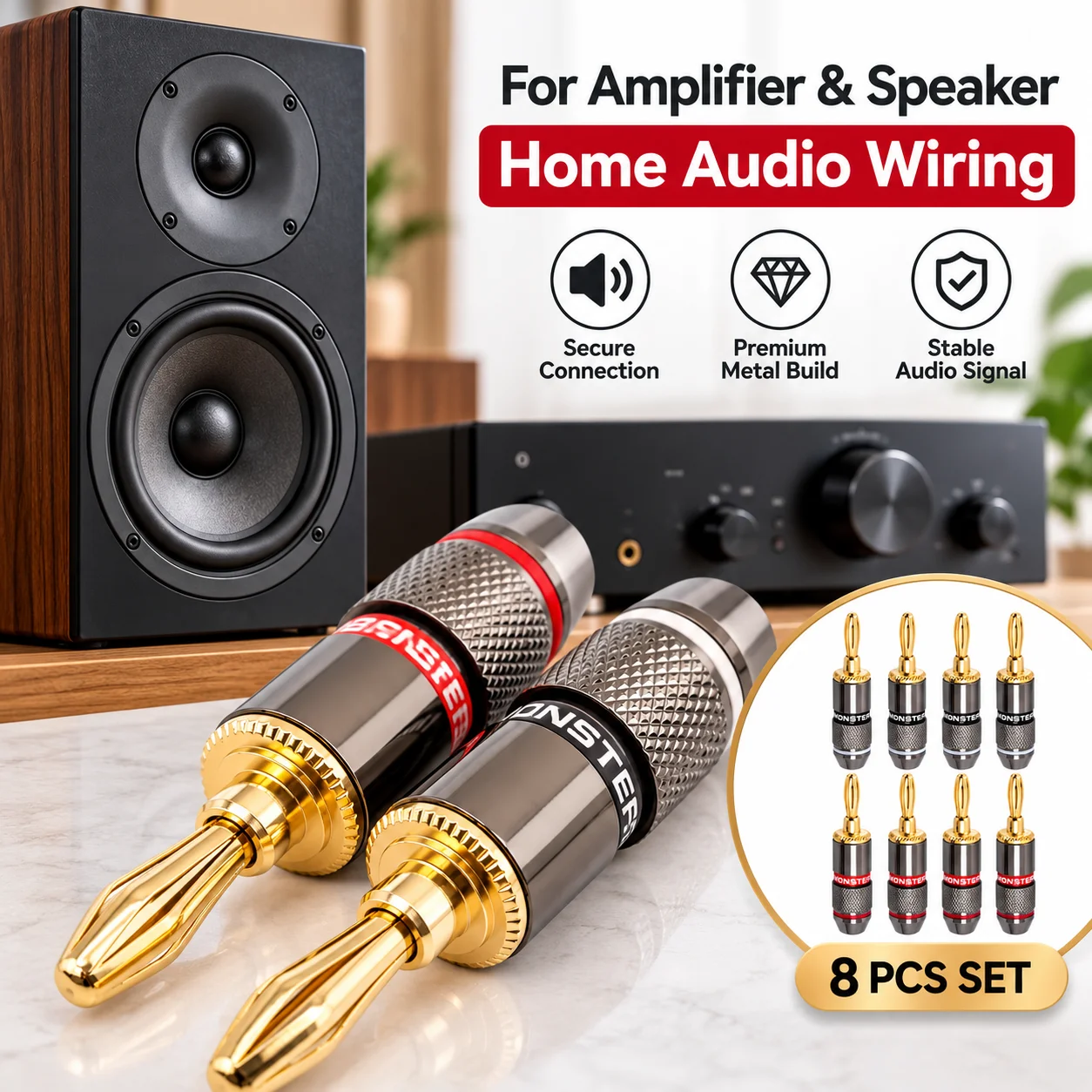 8PCS Banana Speaker Plugs Set, 4 Red 4 Black Solderless Audio Connectors for Amplifier Speaker Wire, Gold Tone Terminals