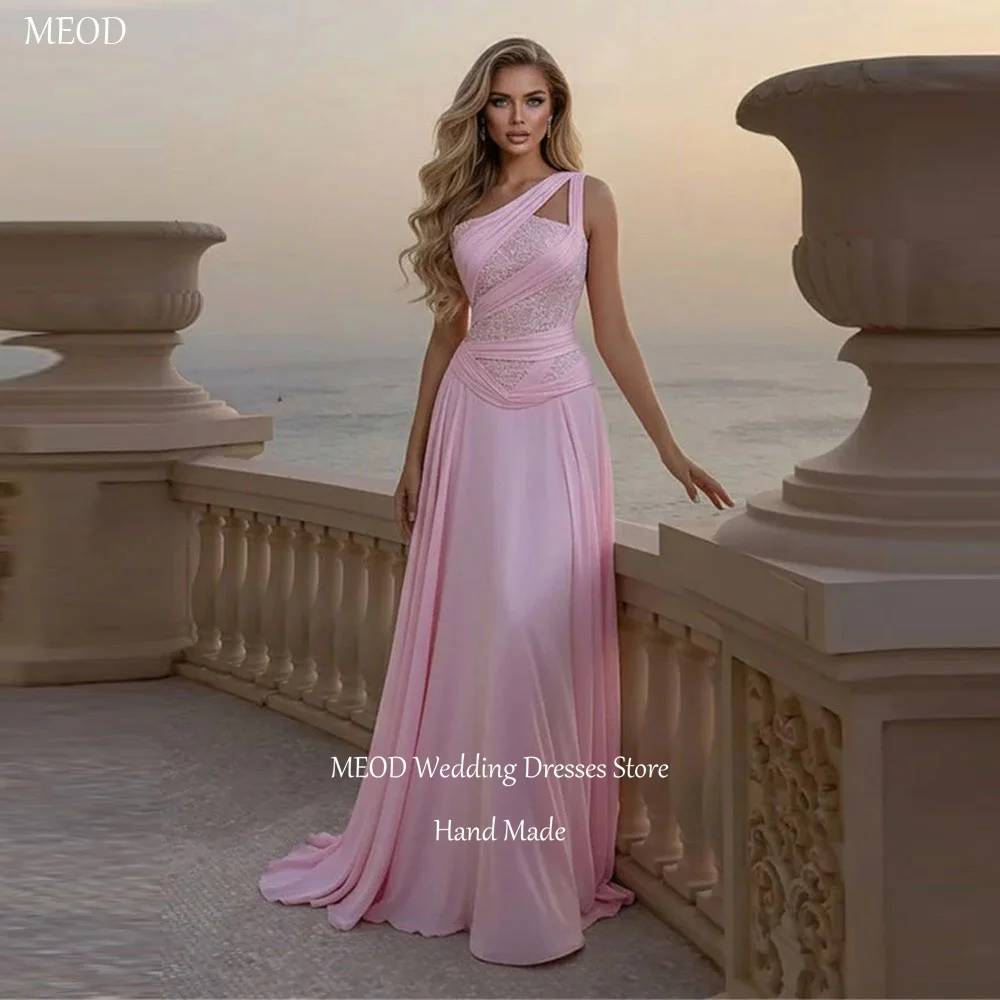 MEOD Rosa Chiffon-Abendkleider mit Wellensaum, ärmellos, A-Linie, Vintage-Abschlussballkleider, einschultriges, bodenlanges Kleid, individuell gestaltet