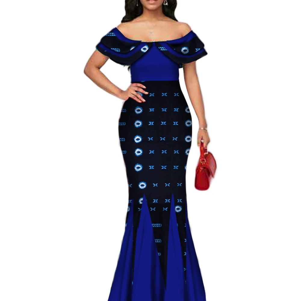 Fashion African Print Long Mermaid Dress for Women Bazin Rich Patchwork Peter Pan Colla Dresses African Design Clothing WY3272