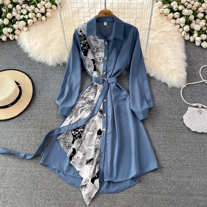 New Runway Design Spring Autumn New Irregular Cardigan Color Blocking Lapel Long Sleeve Shirt Dress