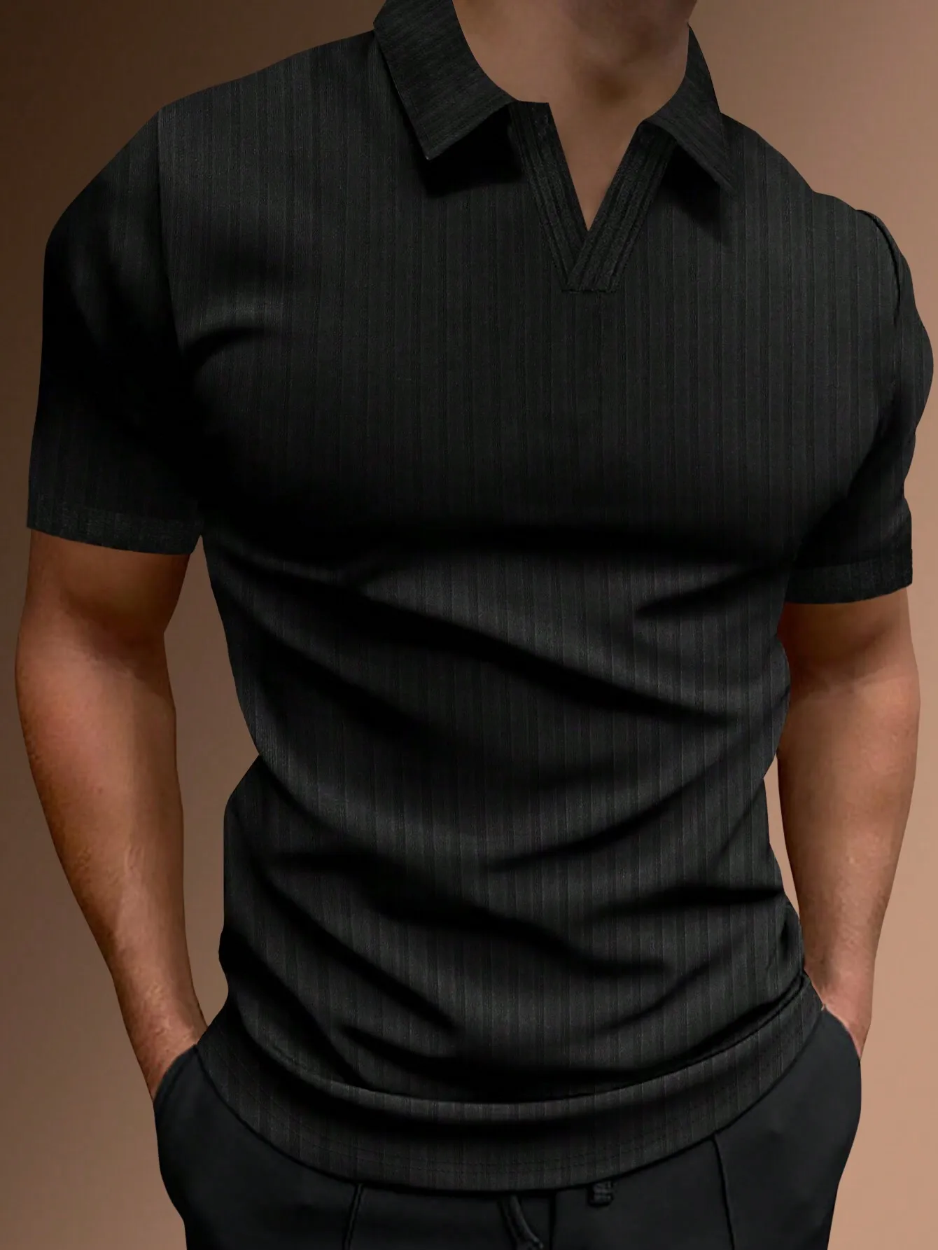 

Men's Solid Black Short Sleeve Polo Shirt with V-Neck Collar for Casual Wear