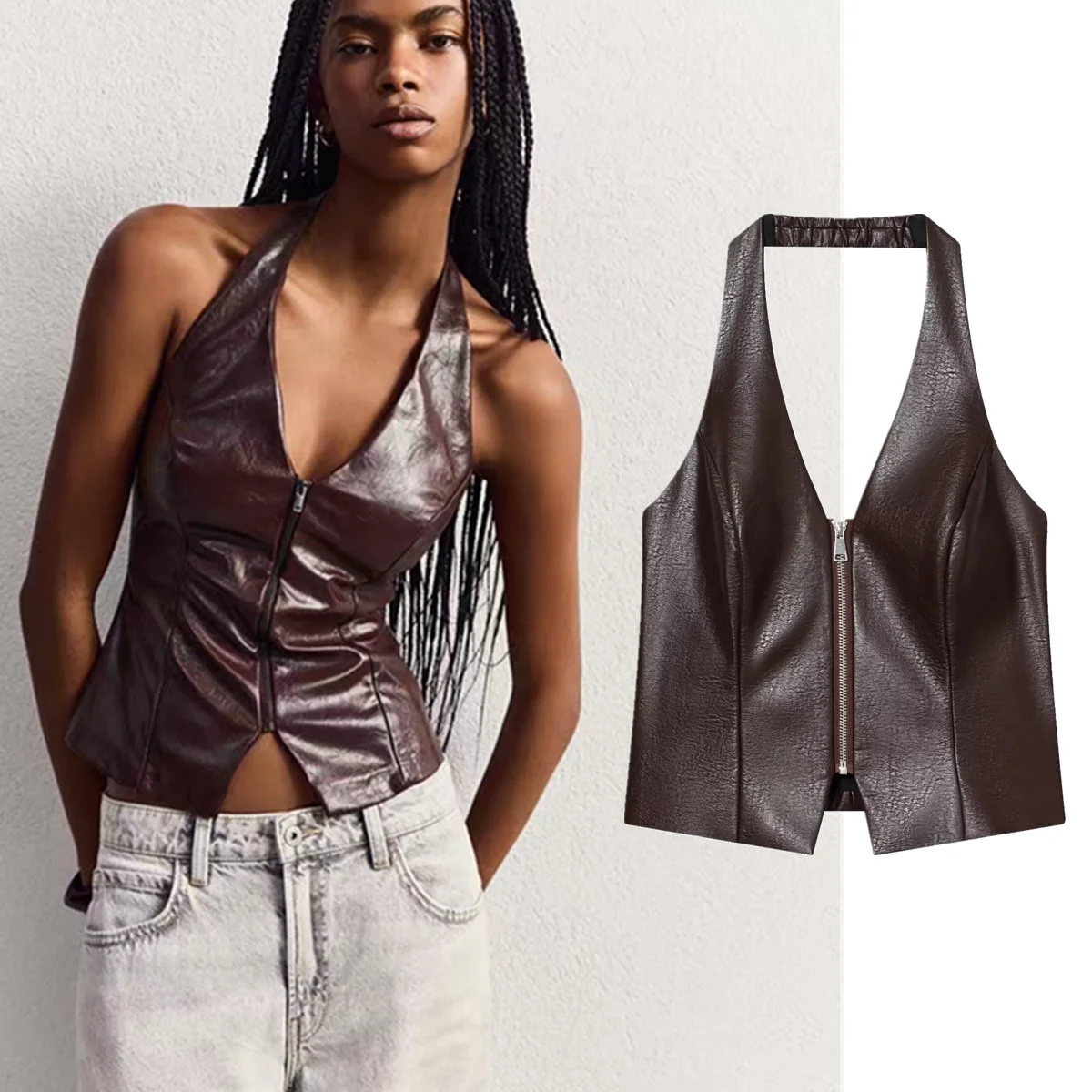 

Jenny&Dave Streetwear Halter Camisole Shirt 2026 Summer Sexy Tank Tops PU Leather Zippers T-shirt Woman Clothes Female Clothing