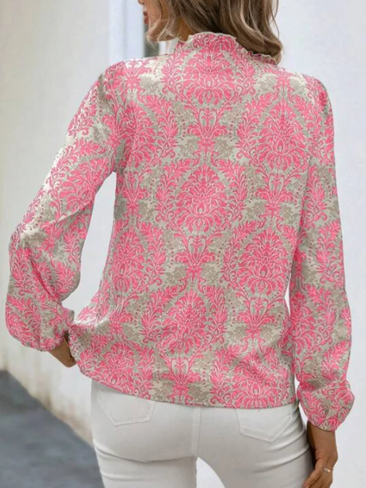 قميص نسائي بأكمام طويلة ورقبة على شكل حرف V وأكمام فانوس مطوية وطباعة كاملة وأزرار للصيف والخريف